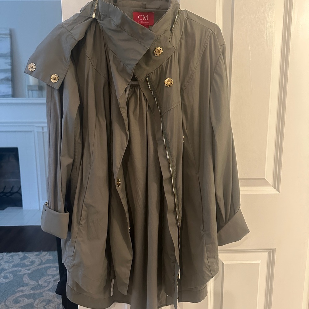 Elegant Women's Gray Trench Coat with Gold Accents
